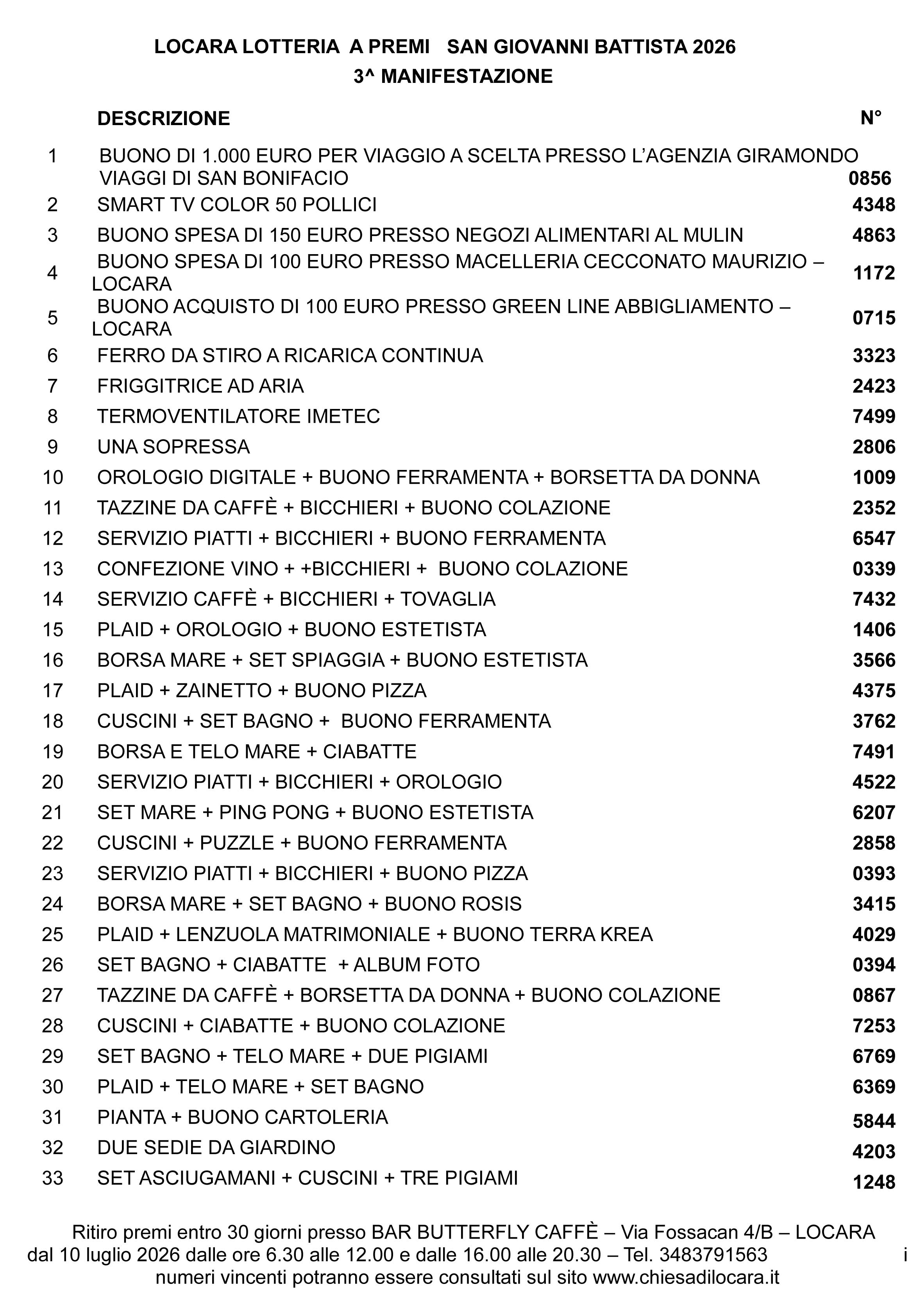 Lista premi sagra San Giovanni Battista 2026